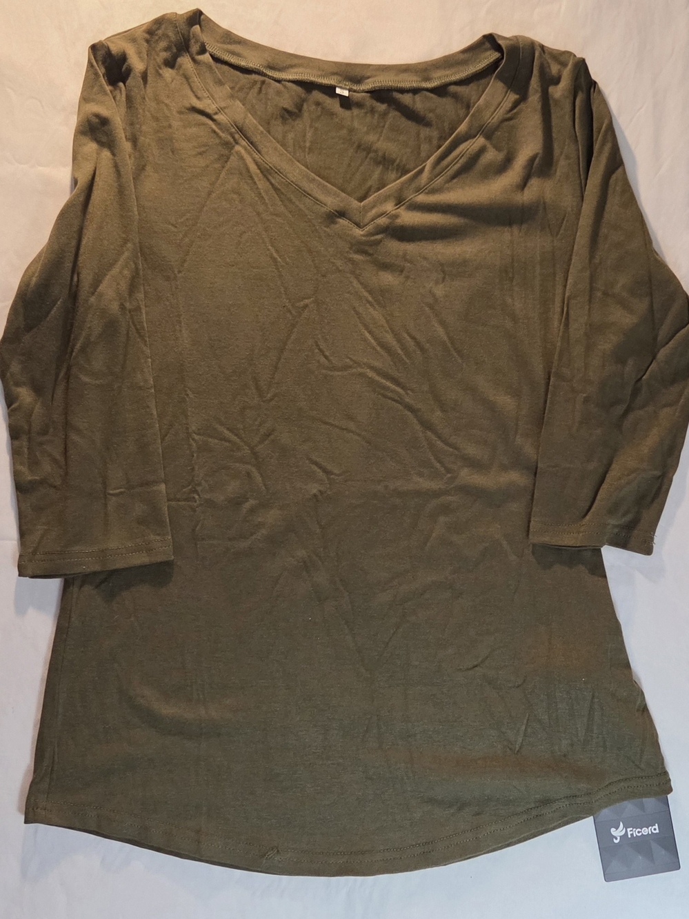 Ficerd Olive Green V-Neck 3/4 Sleeve T-Shirt - S